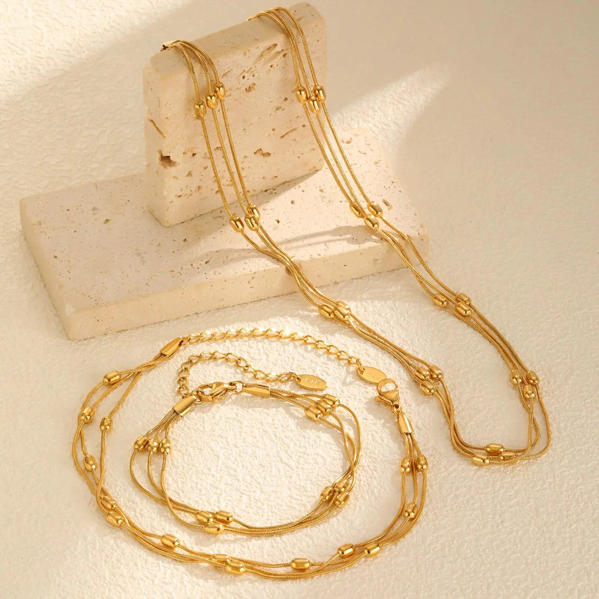Triple Link Beaded Anklet – Waterproof Gold Stainless Steel Beaded Ankle Bracelet SPOT