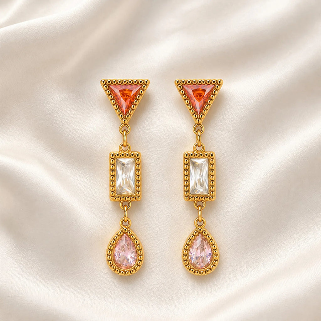 CZ Long Drop Dangle Earrings – Geometric Zirconia Gold Plated Drop Dangle Earrings SPOT