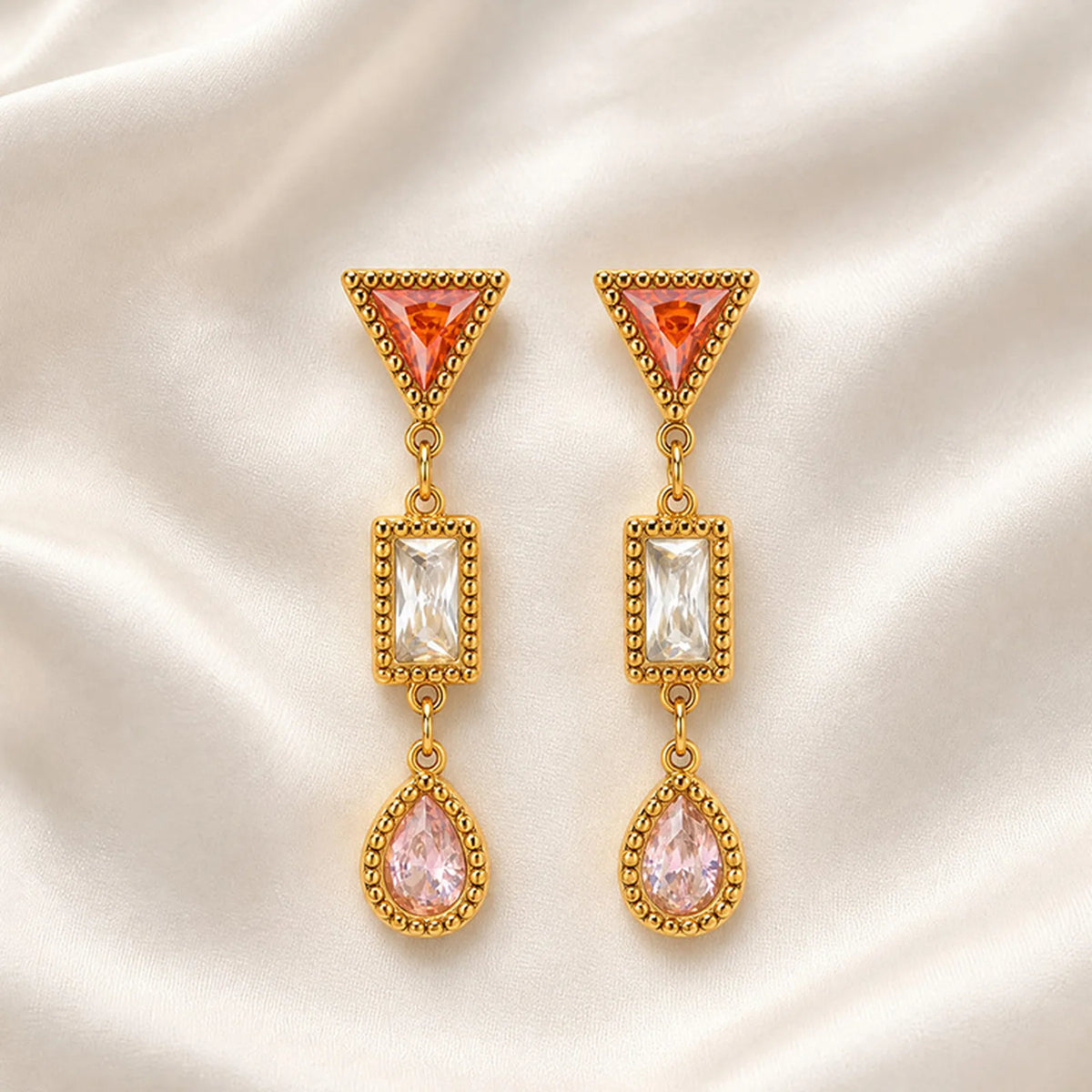 CZ Long Drop Dangle Earrings – Geometric Zirconia Gold Plated Drop Dangle Earrings SPOT