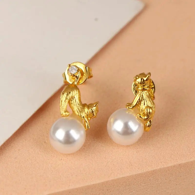 Funny Cat Pearl Stud Earrings – Asymmetric Animal Jewelry Stud Earrings SPOT