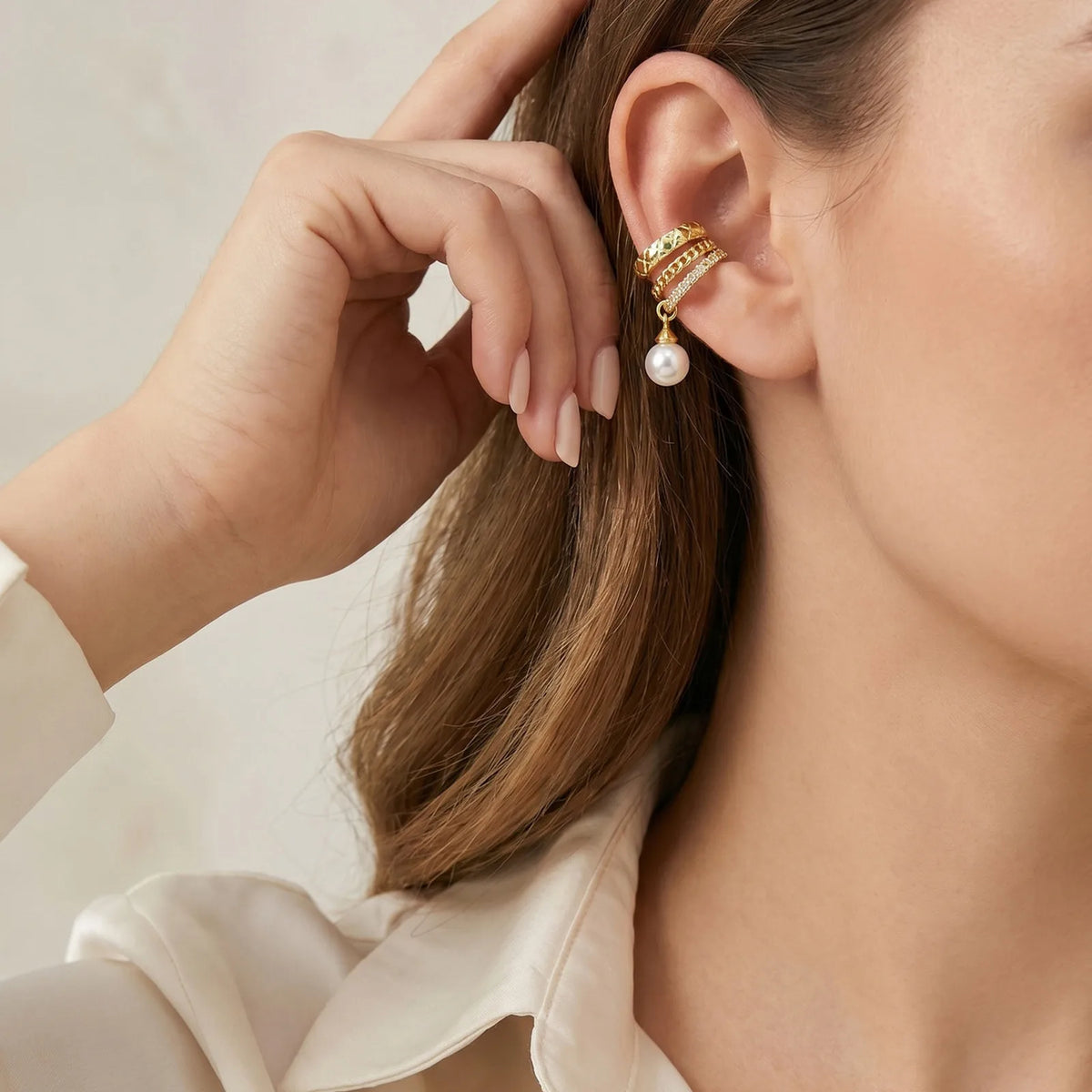 14K Gold Non-Pierced Ear Cuff – Cuban Link CZ Faux Pearl Clip Clip-On Ear Cuff SPOT