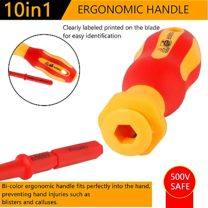 10-Pc Insulated Screwdriver Set – 500V, Interchangeable Blades Insulated Screwdriver Set SPOT