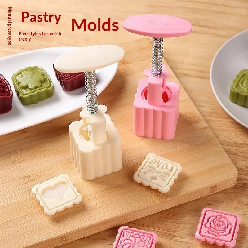 Hand Press Mooncake Mold with 4 Interchangeable Stamps Pastry Baking Mold SPOT