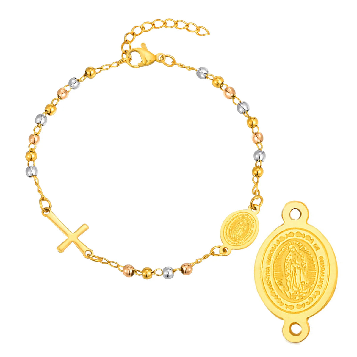 Virgin Mary St Benedict Cross Bracelet – Stainless Steel Religious Beaded Bracelet SPOT BR-2063G01