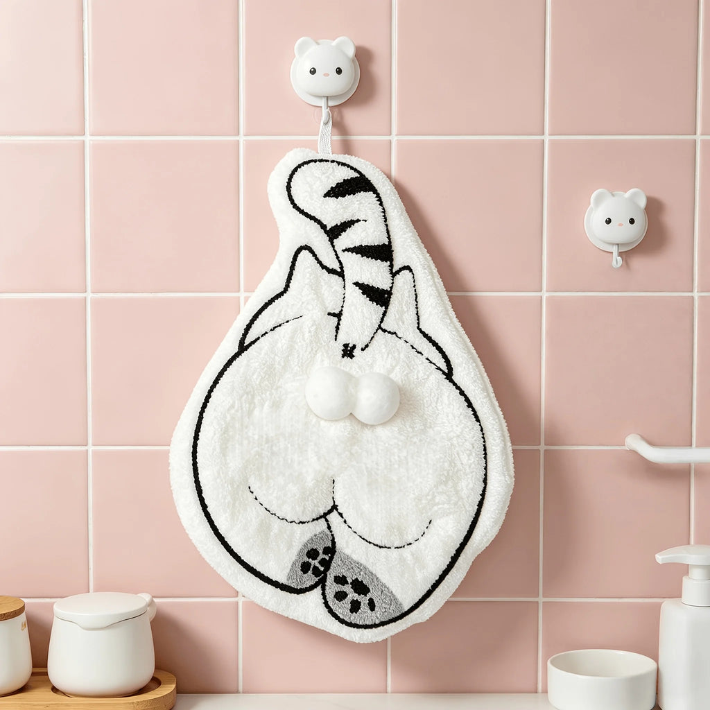 Cute Cat & Dog Butt Hand Towels – Coral Fleece, Hanging Novelty Hand Towel SPOT WHITE