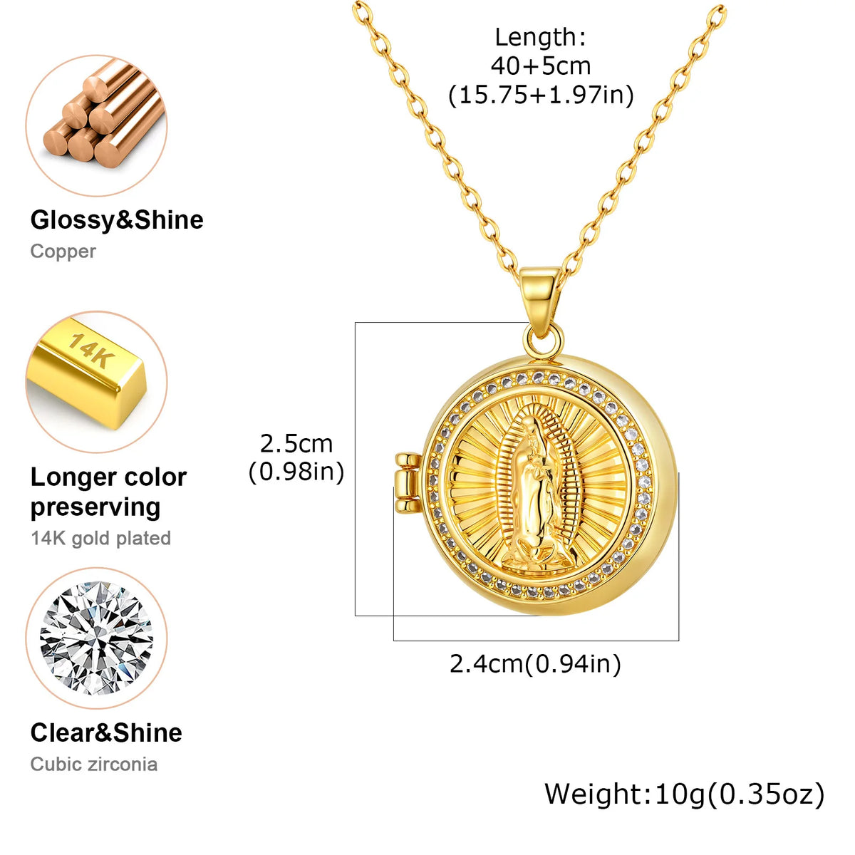 Round Zircon Virgin Mary Pendant Necklace – Gold Adjustable Chain Pendant Necklace SPOT