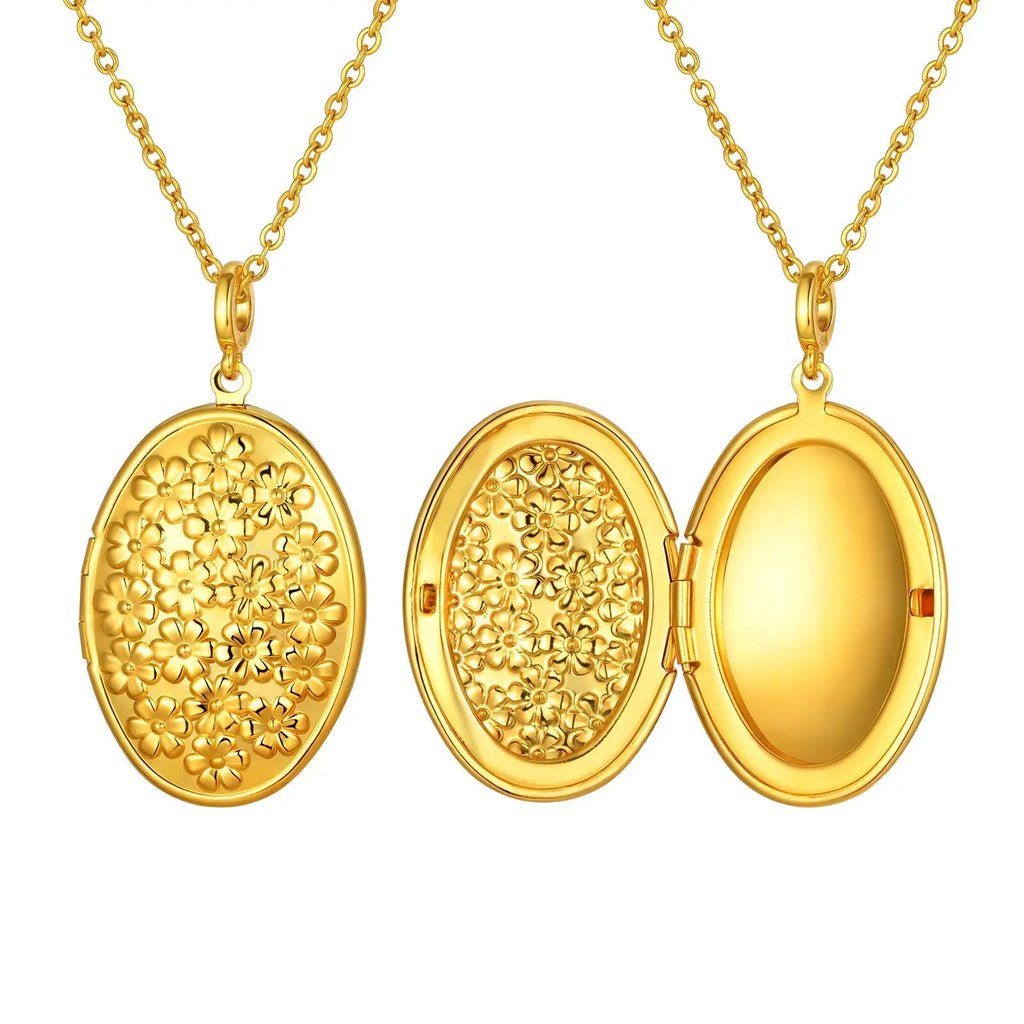 Oval Flower Locket Necklace – Gold Photo Pendant for Women Photo Locket Necklace SPOT PNB-362G Photo with Locket 45cm-50cm