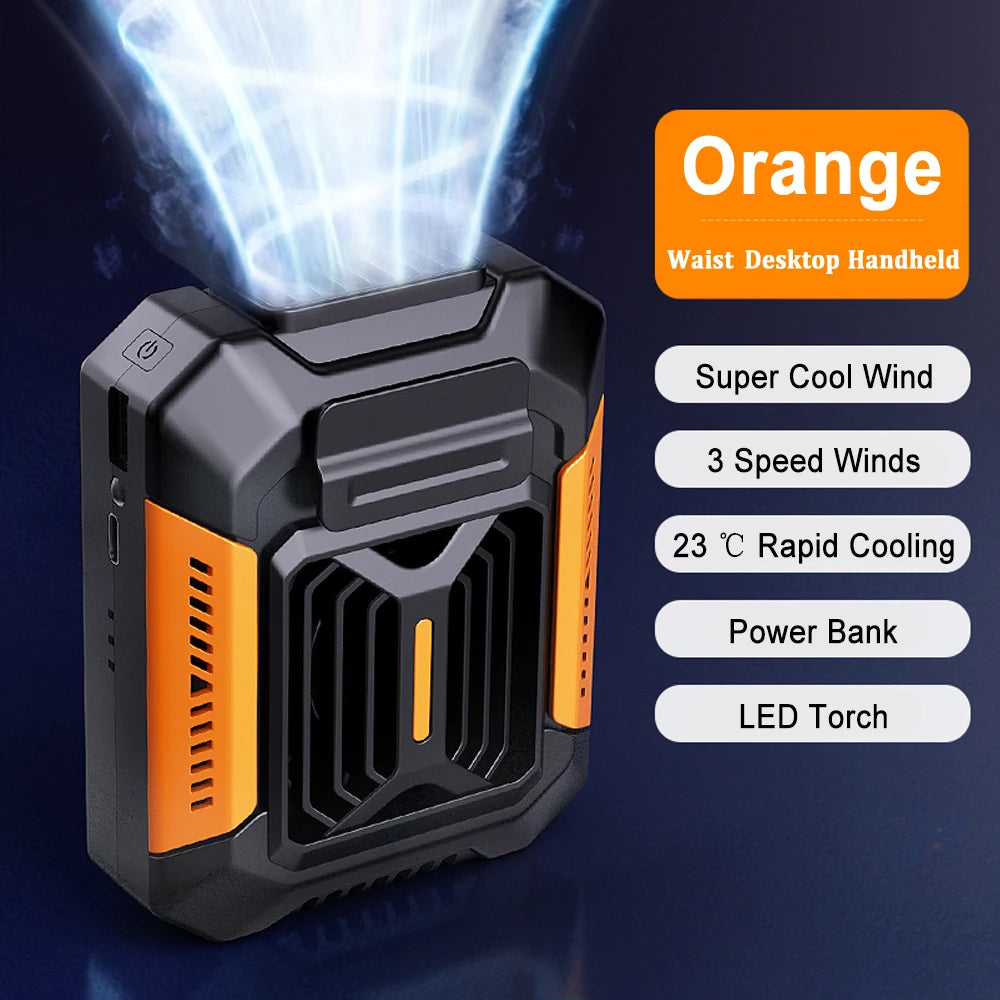 Portable Waist Clip Fan – LED Light, Power Bank, USB Rechargeable Portable Personal Fan SPOT Orange