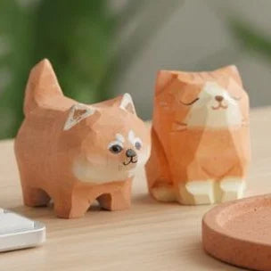 Hand-Carved Basswood Shiba Inu & Cat Figurine | Desk Decor Wood Figurine SPOT