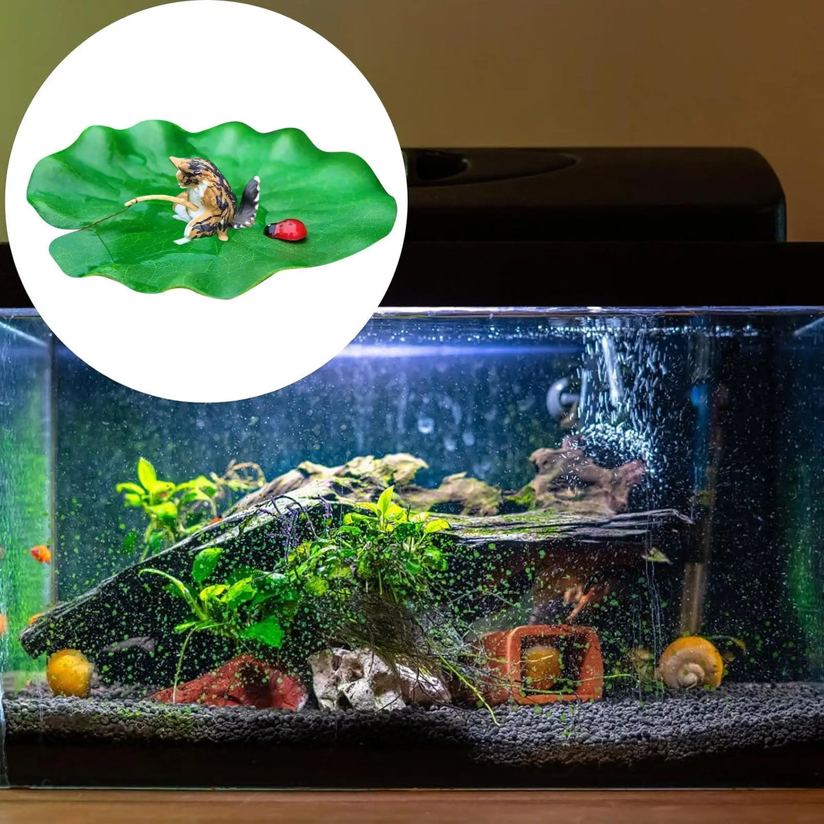 Resin Fishing Cat Aquarium Ornament – Floating Lotus Leaf Decor Aquarium Ornament SPOT