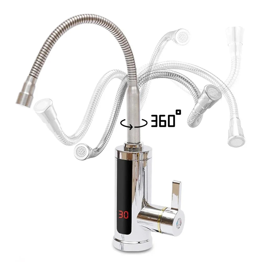 Instant Hot Water Electric Faucet 3KW 360° Rotation LCD Display Electric Kitchen Faucet SPOT White 100V-240V EU Plug