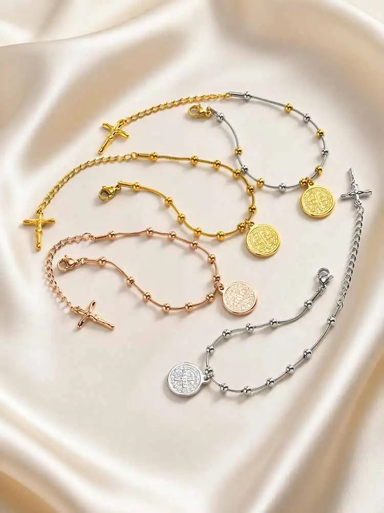 St. Benedict Cross Bracelet – Gold Plated Stainless Steel Religious Bracelet SPOT