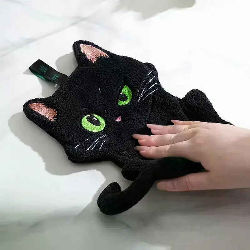 Cartoon Black Cat Hand Towel – Soft Absorbent Coral Fleece Novelty Hand Towel SPOT