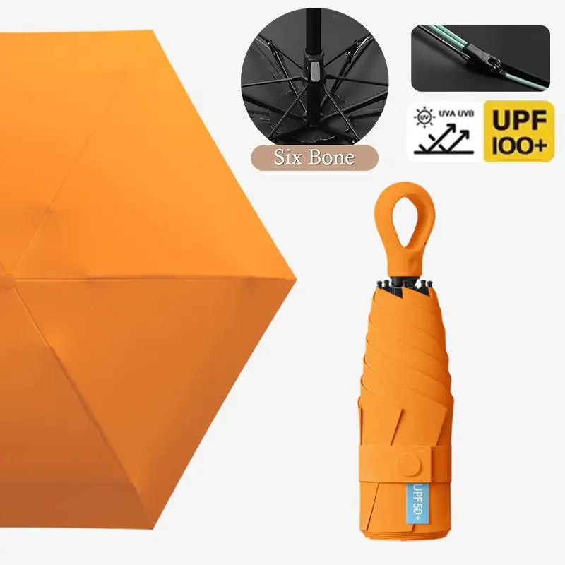 UV Protection Mini Umbrella – 6-Fold Ultralight Portable Sunshade Compact UV Umbrella SPOT Orange