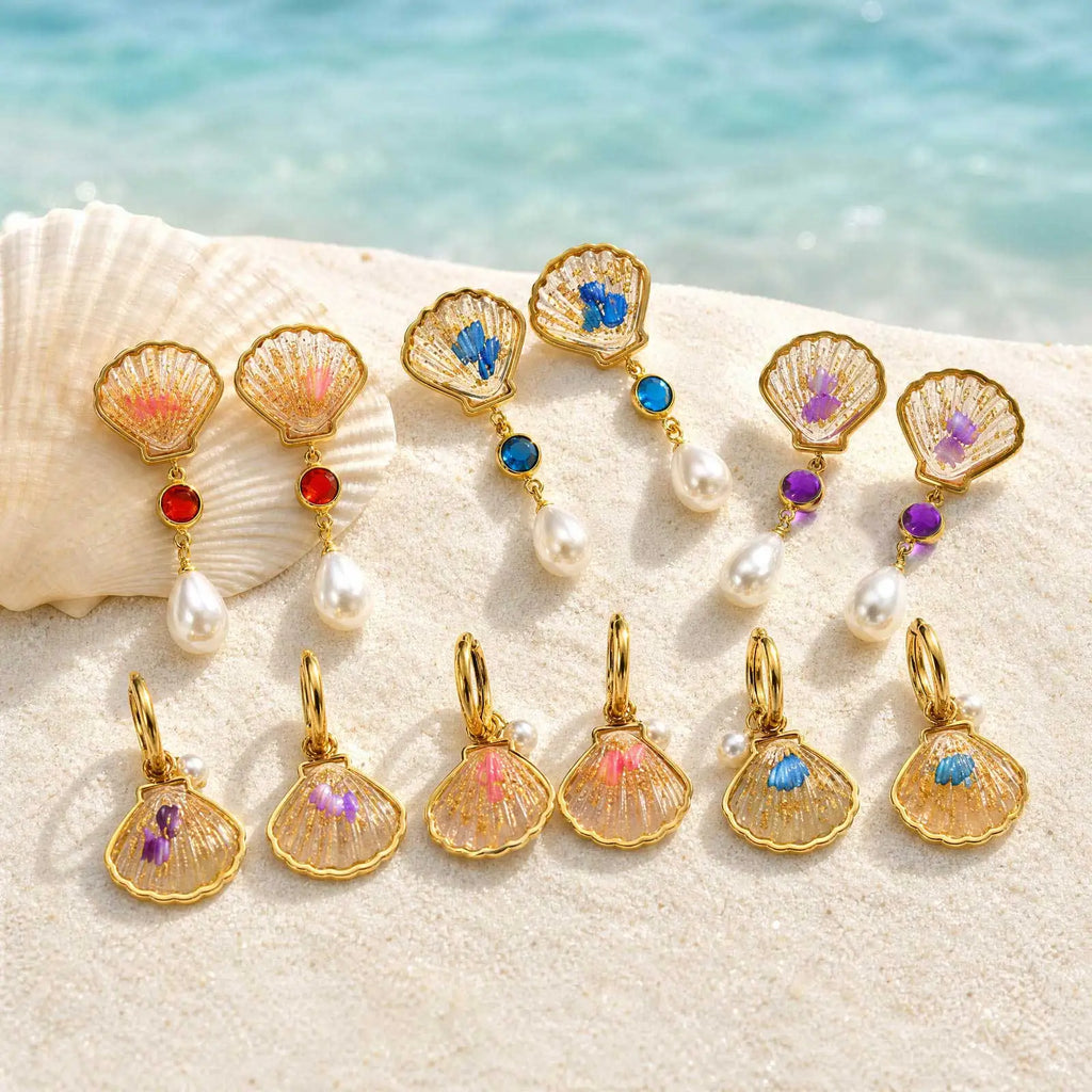 Asymmetric Ocean Hoop Earrings – Gold Shell Pearl Dangle Hoop Dangle Earrings SPOT