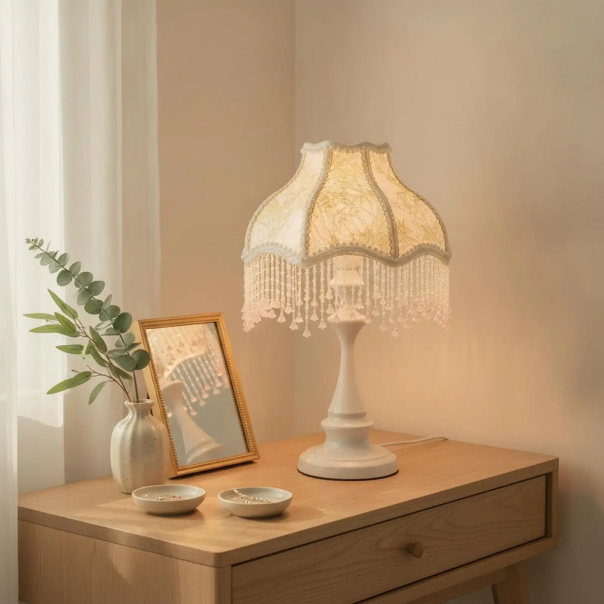 Vintage Pedestal Table Lamp – Crystal Bead Fringe Shade Decorative Table Lamp SPOT