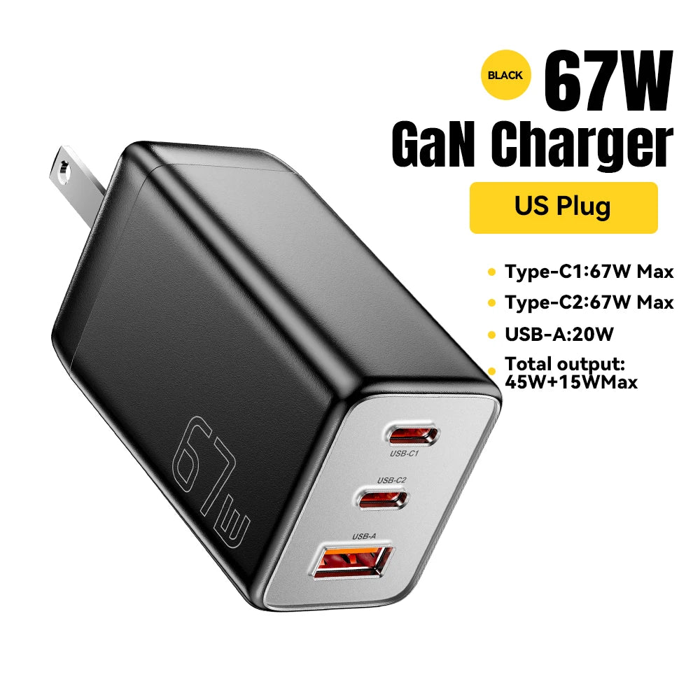Essager GaN 67W 3-Port USB-C Wall Charger PD 3.0 QC 4.0 GaN Wall Charger SPOT US Black