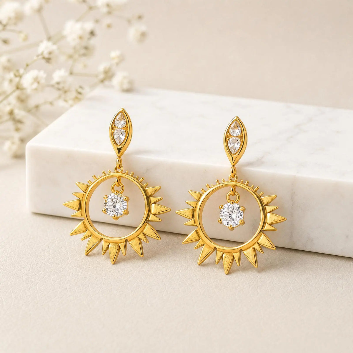 Zirconia Sun Drop Earrings – Gold Hypoallergenic Stainless Steel Drop Earrings SPOT
