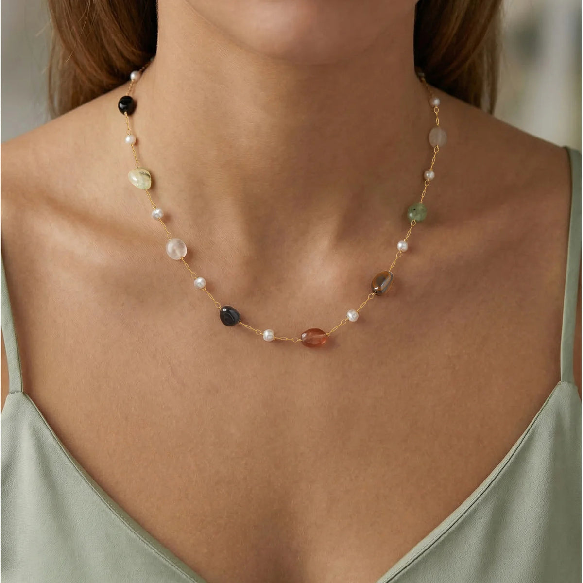 Natural Stone Beaded Station Necklace – Stainless Steel Chain Beaded Stone Necklace SPOT Default Title