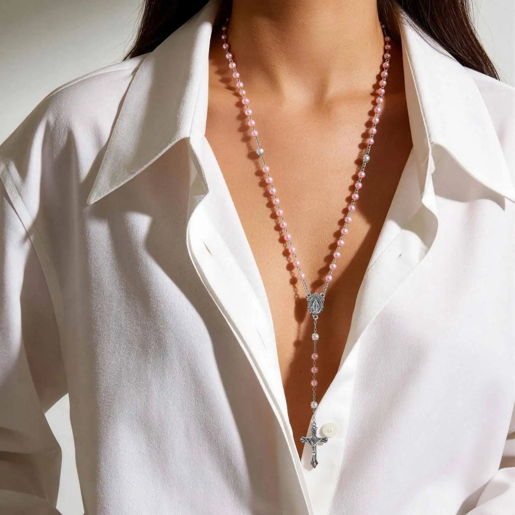 Pink Pearl Rosary Necklace – Virgin Mary Cross Catholic Gift Religious Pendant Necklace SPOT