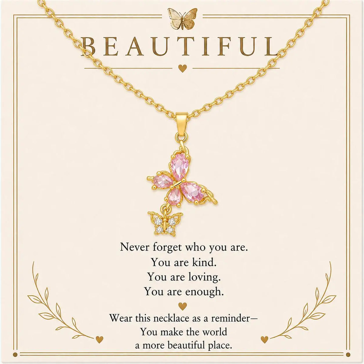 Double Butterfly Necklace – 18K Gold Plated Pink CZ Pendant Pendant Necklace SPOT Default Title