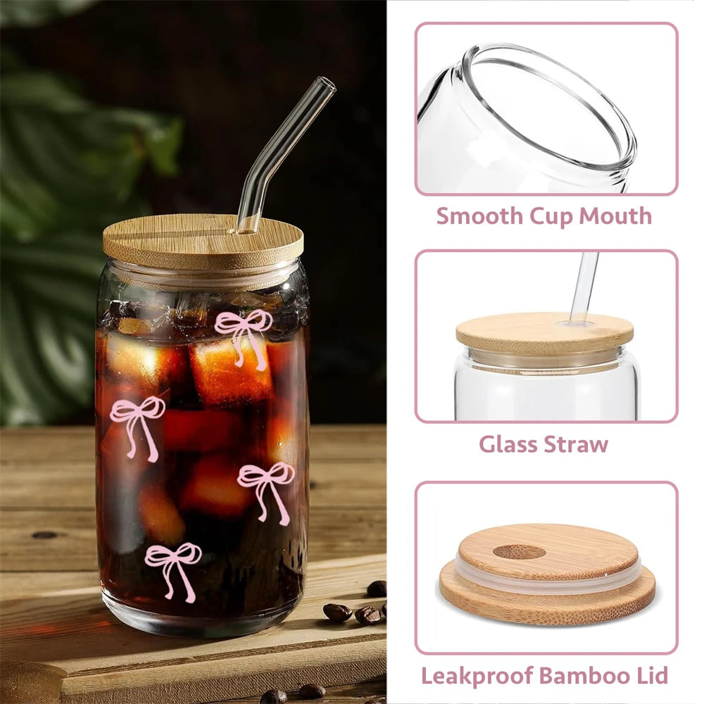 Pink Bow Glass Cup with Lid & Straw – 18oz Borosilicate Tumbler Glass Tumbler SPOT