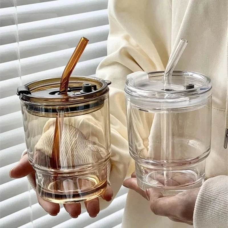 Striped Glass Cup with Lid & Straw – 400/450ml Bubble Tea Mug Glass Cup with Straw SPOT