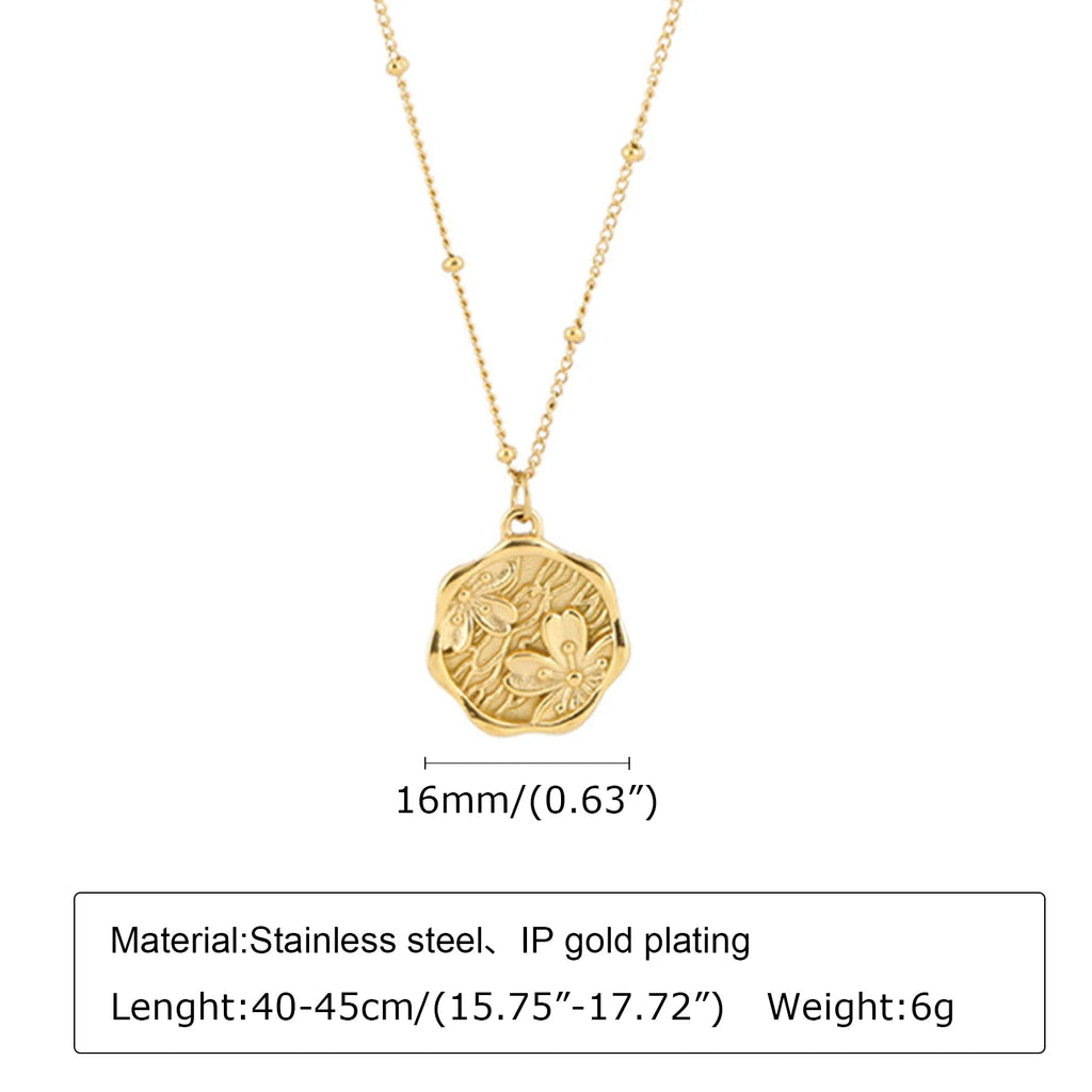Meaeguet Coin Flower Pendant Necklace | 14K Gold Plated Steel Pendant Necklace SPOT