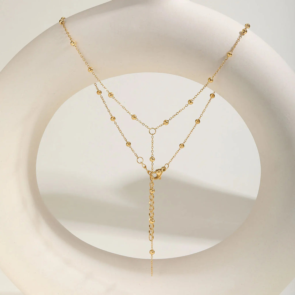 Y-Shape Ball Bead Lariat Necklace – Gold Stainless Steel Lariat Necklace SPOT