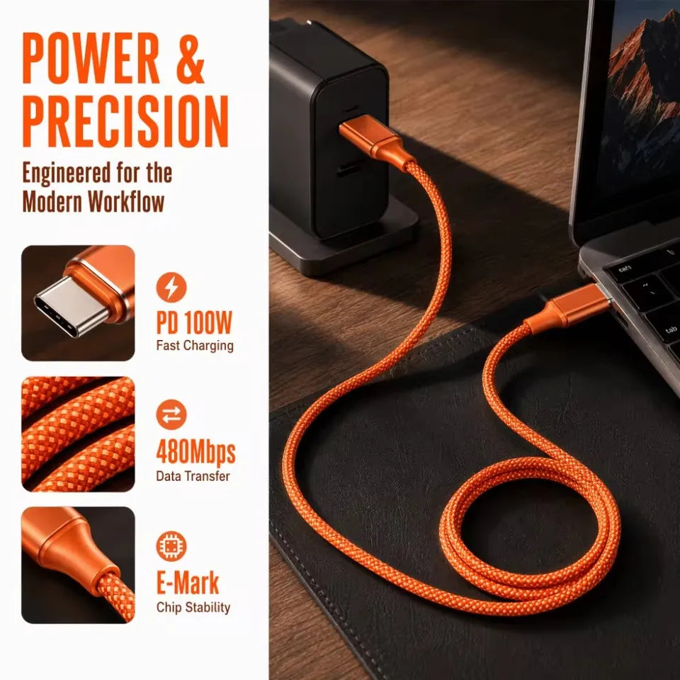 100W 90-Degree USB-C to USB-C Fast Charging Cable – Orange USB-C Charging Cable SPOT