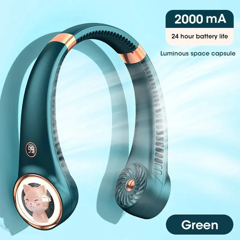 Bladeless Neck Fan Cute Cat – 2000mAh USB Rechargeable Wearable Neck Fan SPOT Green USB Type-C