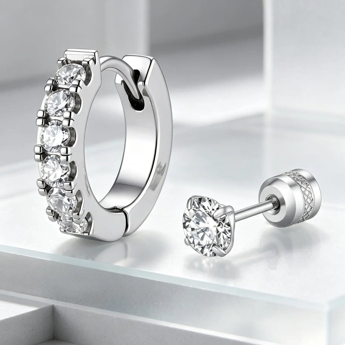 Silver CZ Stud Earrings – Cubic Zirconia Stackable Set 2 Pairs CZ Stud Earrings SPOT