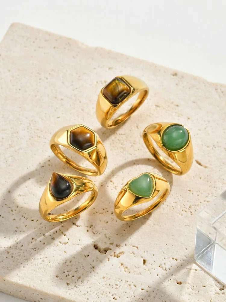 18K Gold Plated Tiger Eye & Green Aventurine Stone Ring Natural Stone Ring SPOT