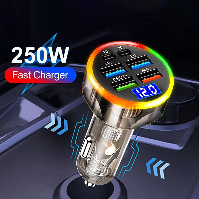 350W 6-Port Car Fast Charger USB PD QC 3.0 Type-C Adapter Car Fast Charger SPOT