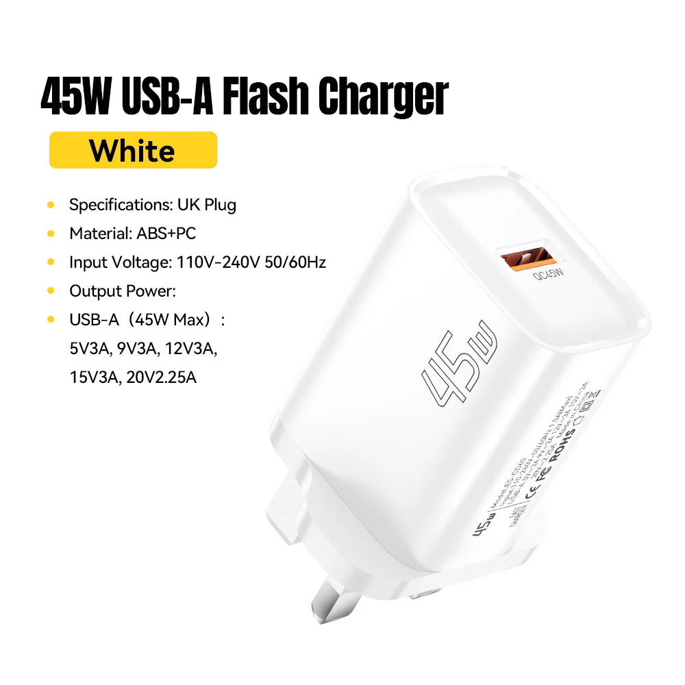Essager 45W USB-A Fast Wall Charger | QC3.0 Multi-Protocol USB Wall Charger SPOT White UK Plug