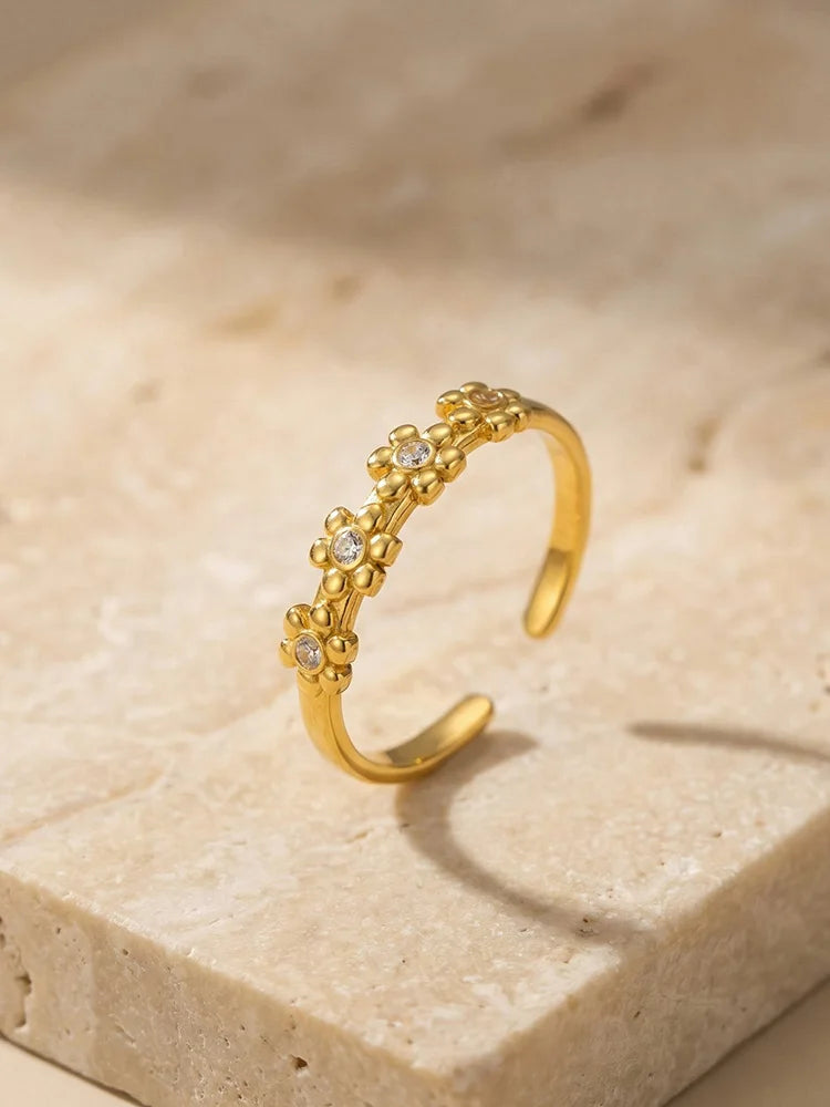 18K Gold Plated CZ Flower Open Ring – Adjustable Stackable Fashion Ring SPOT Default Title