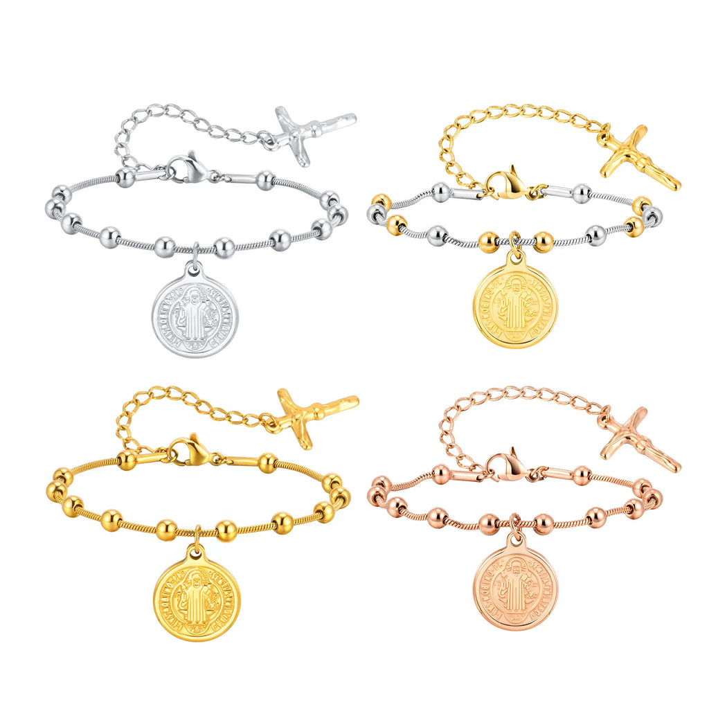 St. Benedict Cross Bracelet – Gold Plated Stainless Steel Religious Bracelet SPOT