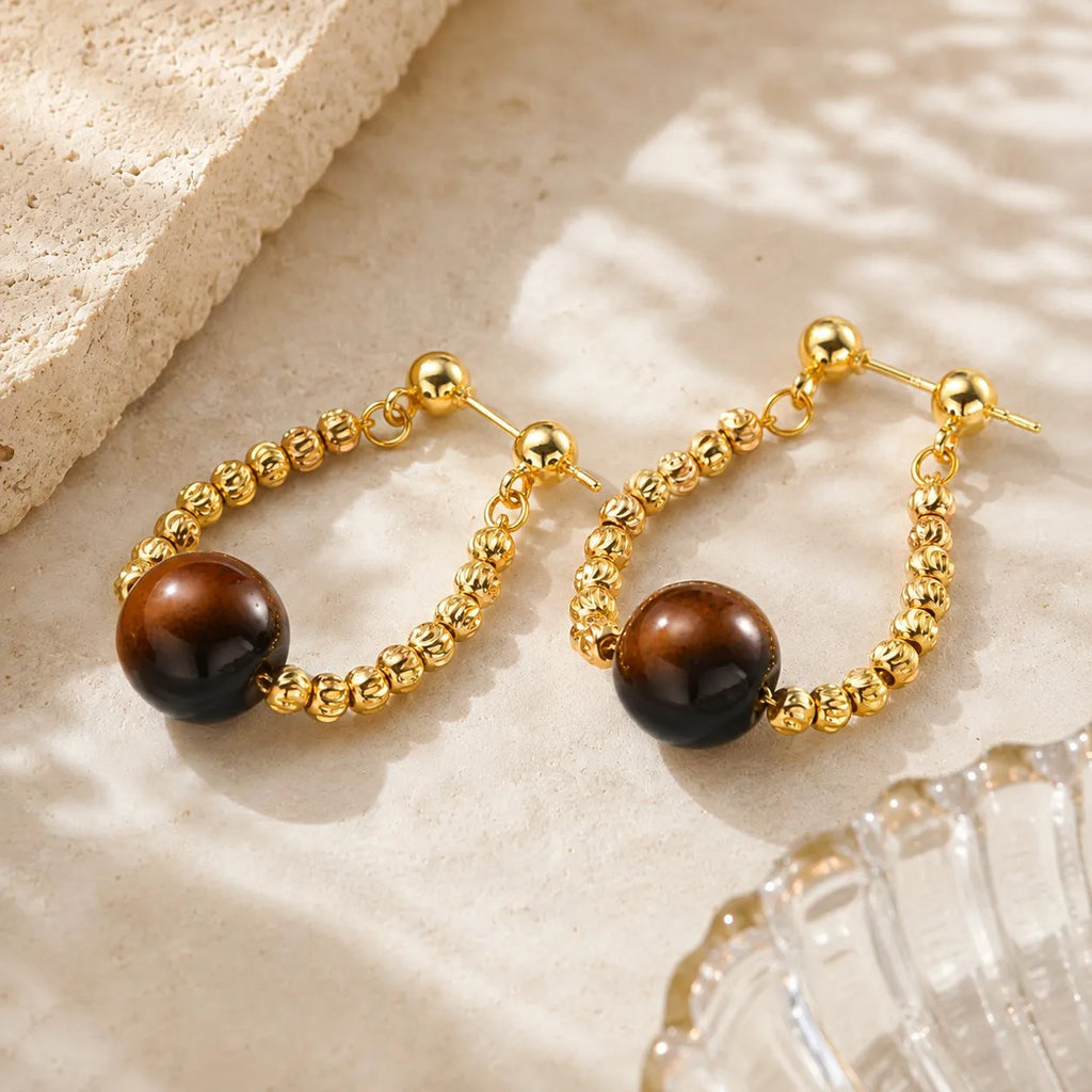 Gold Plated Tiger Eye & Pearl Beaded Drop Earrings – Meaeguet Beaded Dangle Earrings SPOT