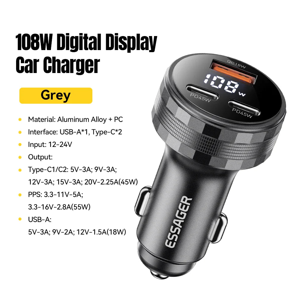 Essager 108W 3-Port Car Charger – PD3.0 & QC3.0 Fast Charge USB Car Charger SPOT Grey