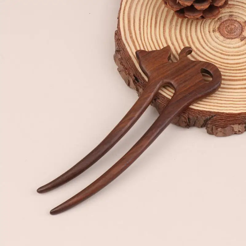 Wooden U-Shape Hair Stick Fork – Cat & Butterfly Chinese Style Wooden Hair Stick SPOT 05