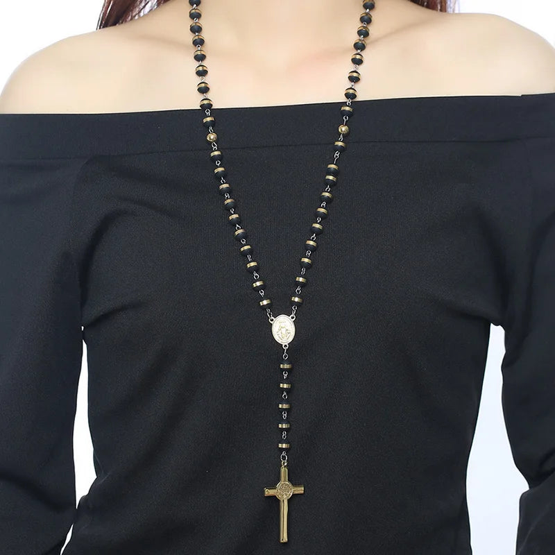 Meaeguet Long Rosary Necklace – Stainless Steel Cross Pendant Rosary Pendant Necklace SPOT