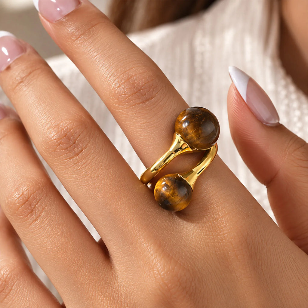 Tiger Eye Double Stone Adjustable Ring – 18K Gold Plated Fashion Ring SPOT
