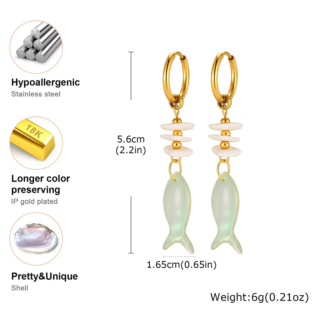 Ocean Fish Drop Earrings – 18K Gold Shell Bead Dangles Drop Dangle Earrings SPOT
