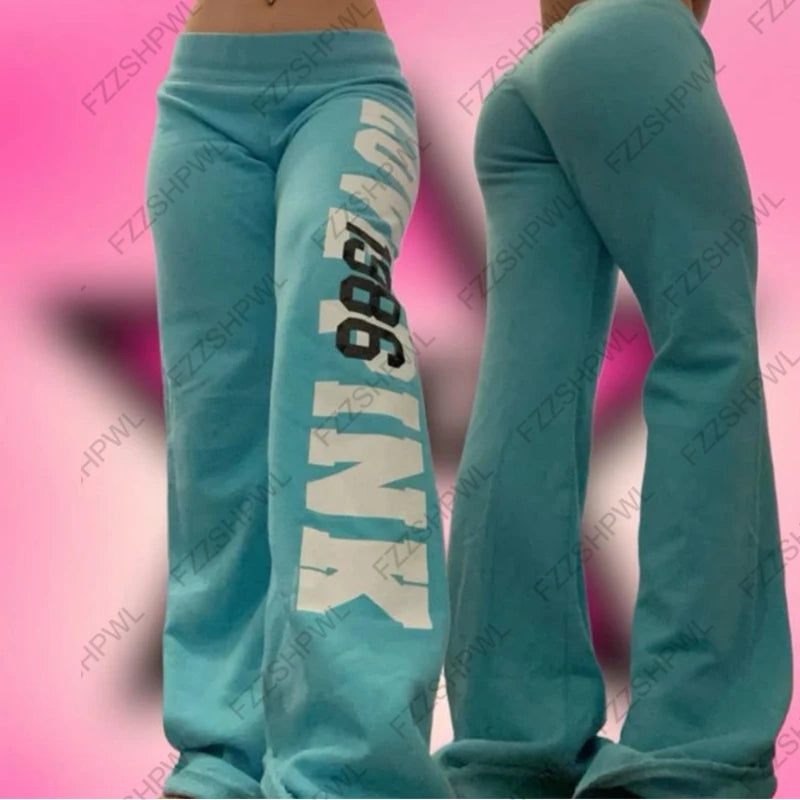 Women's Y2K Letter Print Wide-Leg Velvet Trousers | Retro Style Wide-Leg Trousers SPOT sky blue S