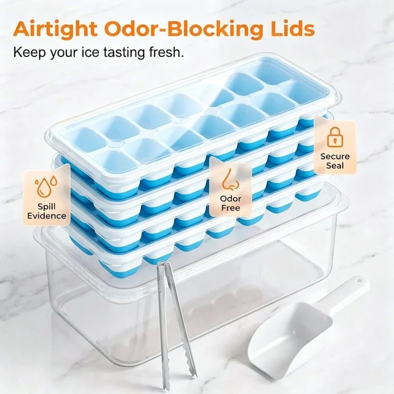 4-Pack Silicone Ice Cube Trays with Lid, Storage Bin & Scoop Silicone Ice Tray Set SPOT