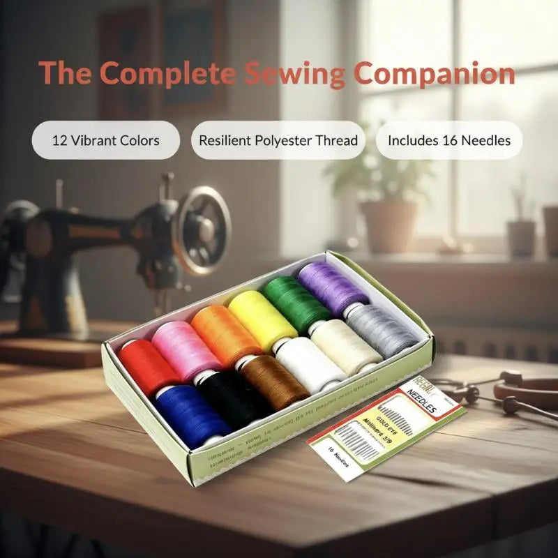 Sewing Thread Kit – 12 Colors, 350m Spools & 16 Needles Sewing Thread Kit SPOT