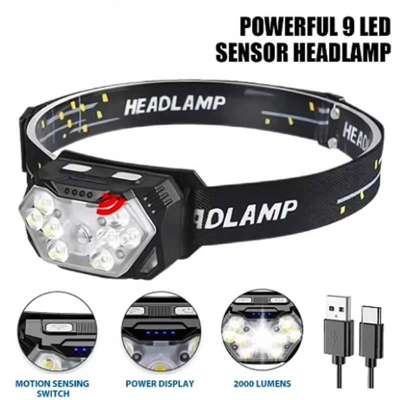 2500LM 9 LED USB-C Rechargeable Headlamp – Motion Sensor LED Headlamp SPOT