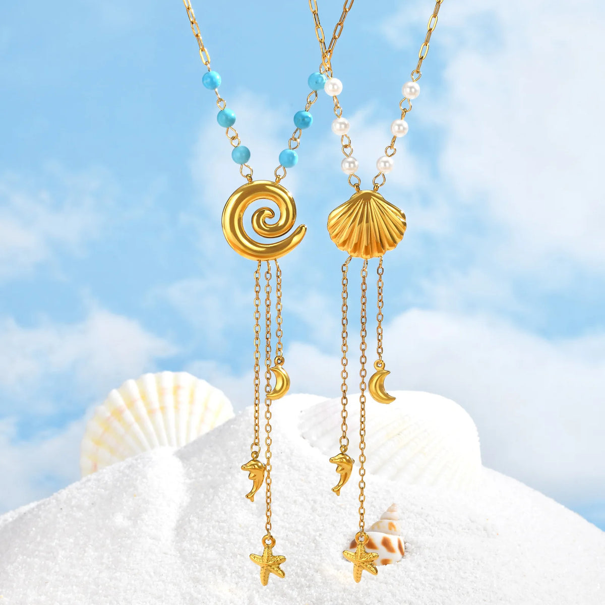 Ocean Y Necklace 18K Gold Plated – Dolphin Starfish Pendant Pendant Necklace SPOT