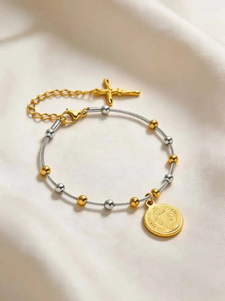 St. Benedict Cross Bracelet – Gold Plated Stainless Steel Religious Bracelet SPOT