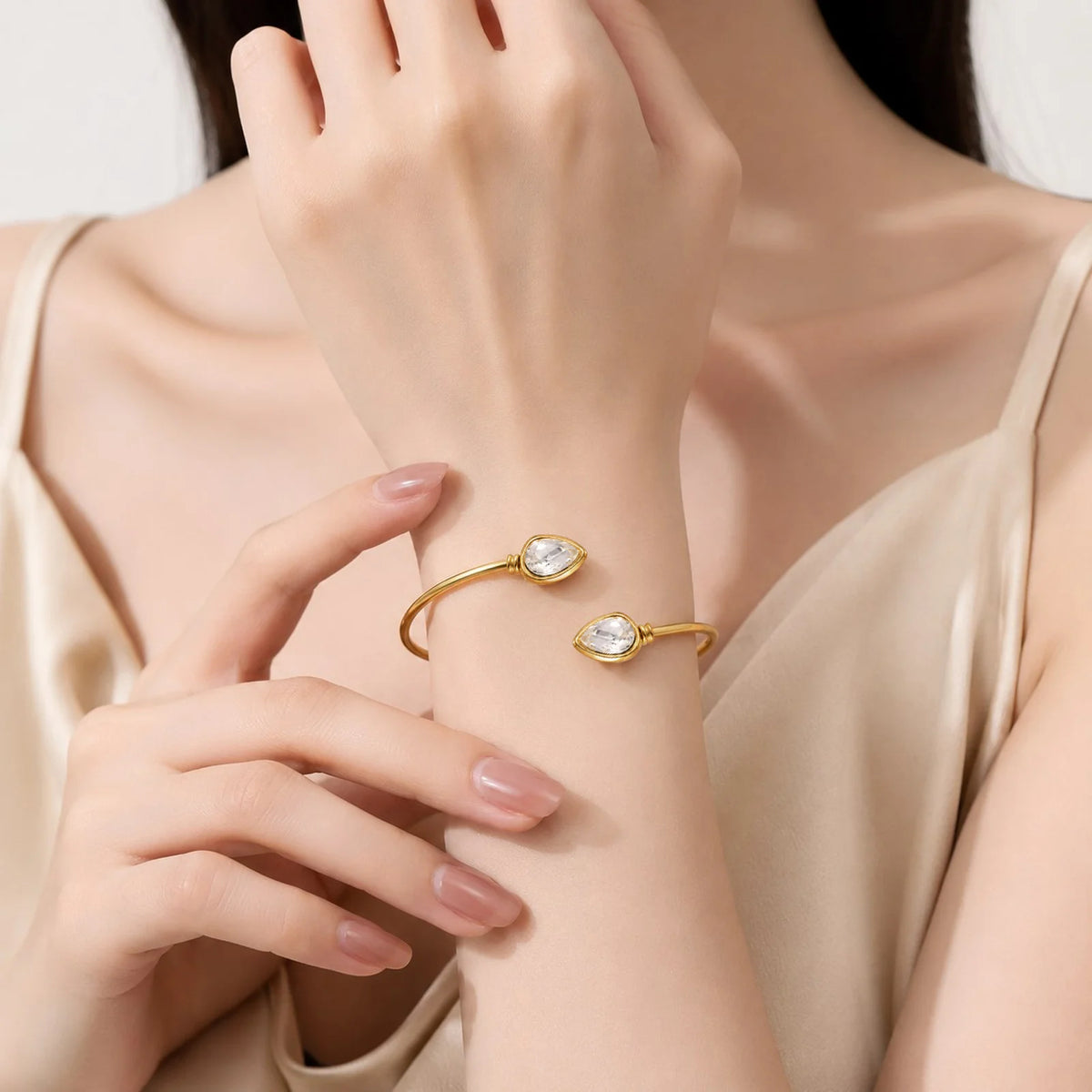 Teardrop CZ Gold Cuff Bracelet – Adjustable Stainless Steel Bangle Cuff Bracelet SPOT